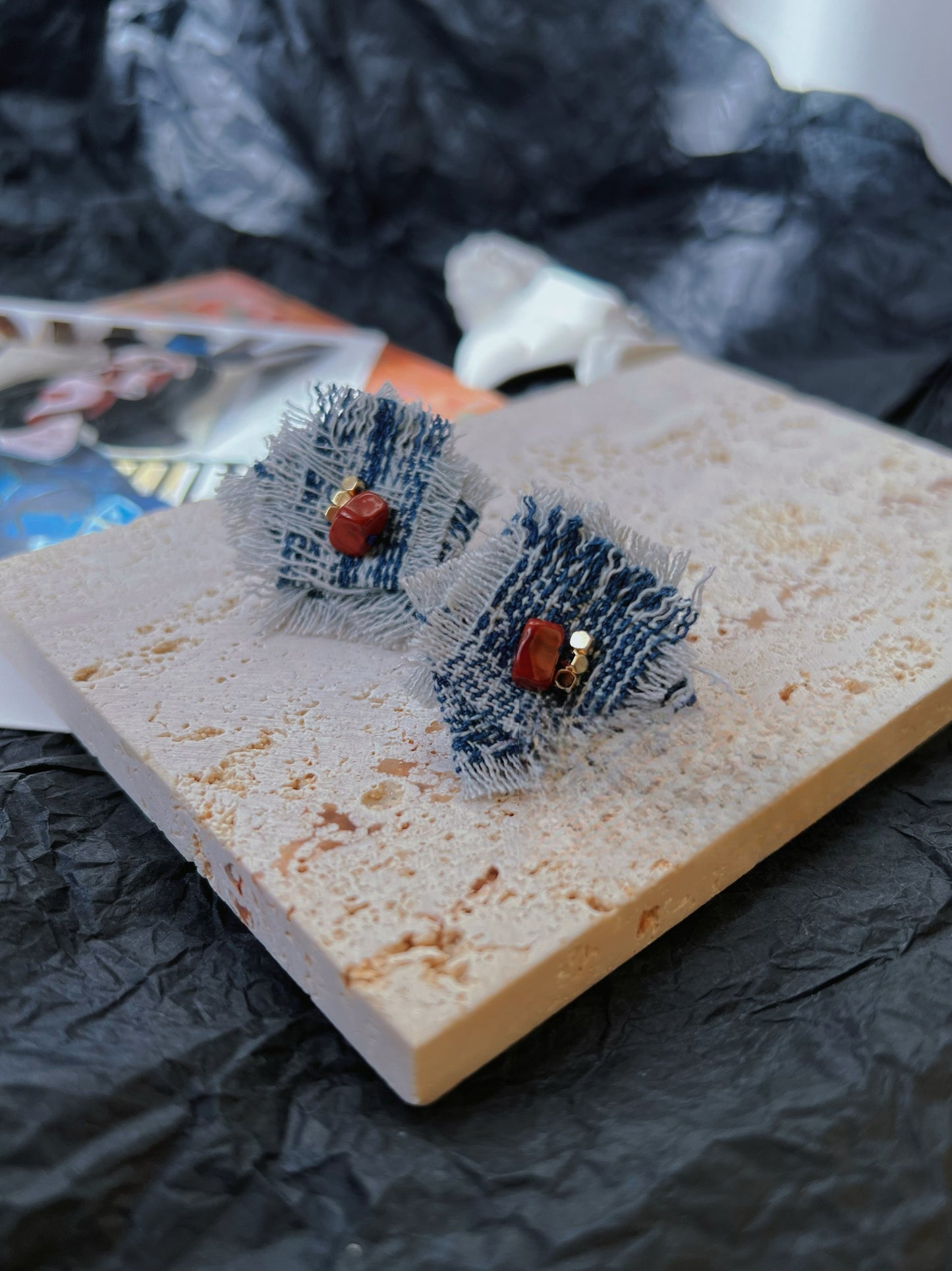 Original Denim and Gemstone Earrings with Frayed Edges - Chic, Artistic Design, Perfect for Casual Outings and Fashion-Forward Looks for Women