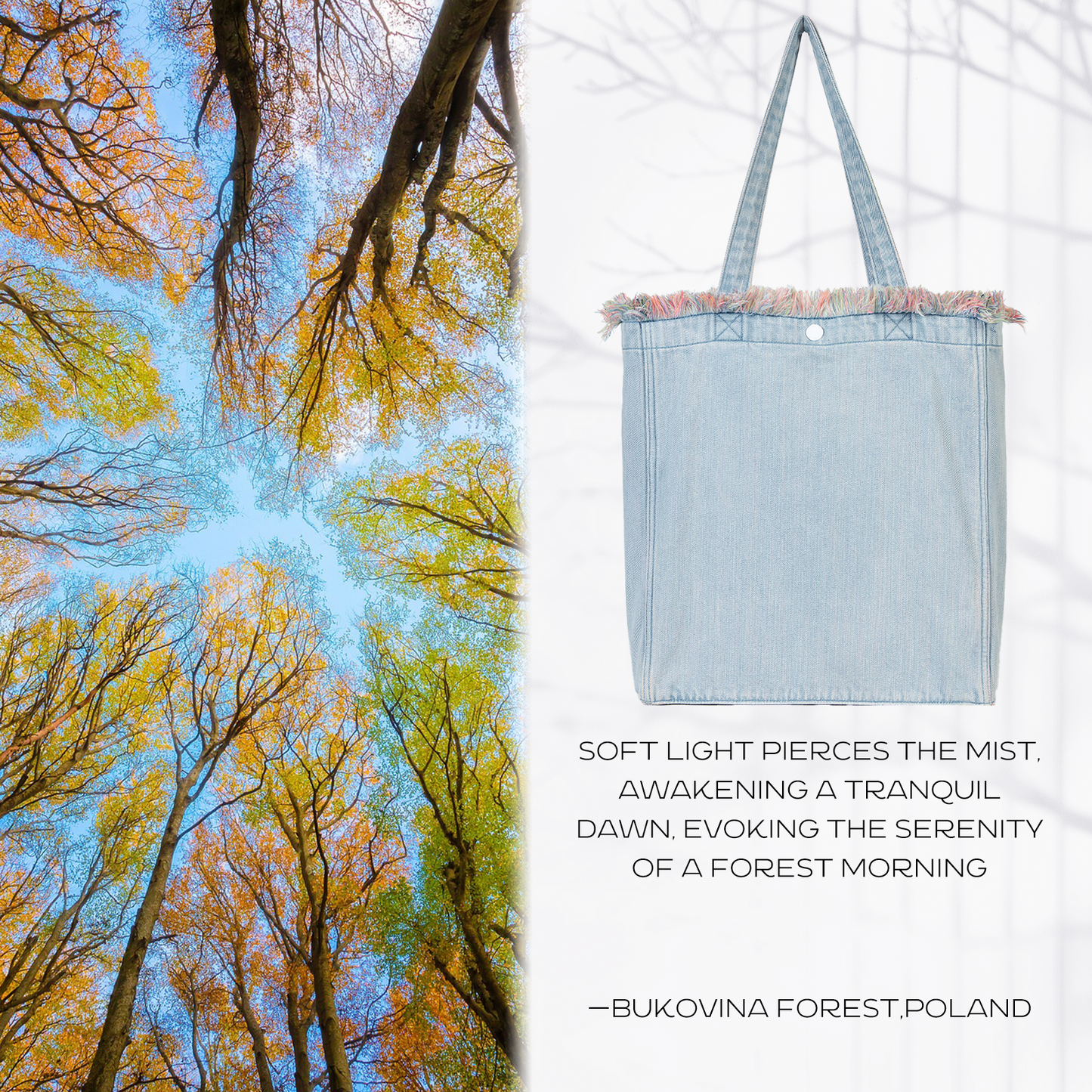 DENIM MUSEUM Forest Glow Series - Denim-Tasche mit Quaste, verträumter Natur-Stil, ätherische künstlerische Wahl