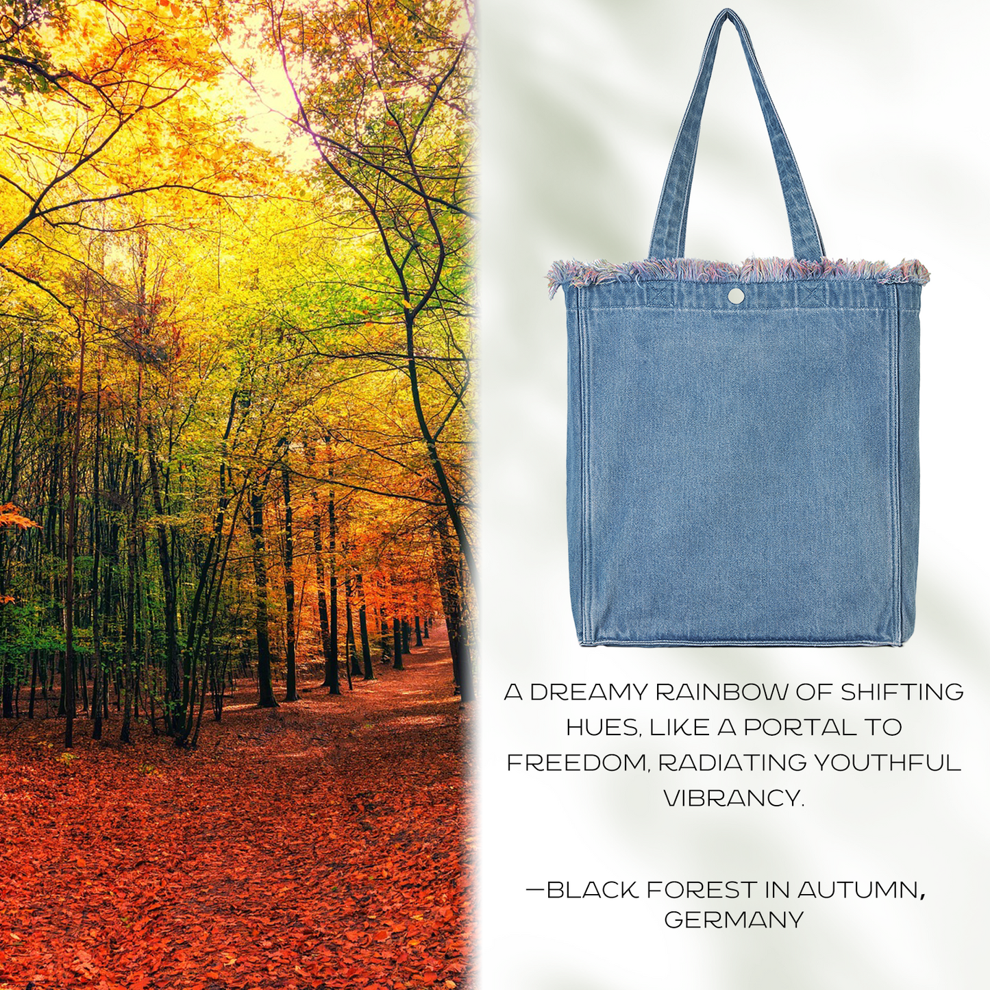 DENIM MUSEUM Forest Glow Series - Denim-Tasche mit Quaste, verträumter Natur-Stil, ätherische künstlerische Wahl