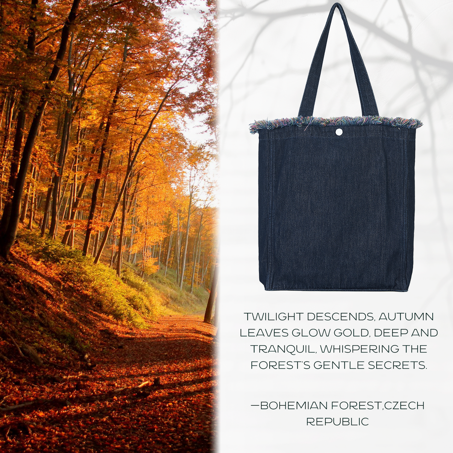 DENIM MUSEUM Forest Glow Series - Denim-Tasche mit Quaste, verträumter Natur-Stil, ätherische künstlerische Wahl