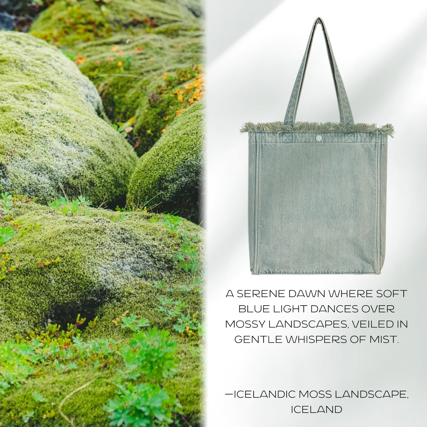 DENIM MUSEUM Forest of Solitude Denim Tote - Dreifache Blautöne, inspiriert von der Mystik der Natur, mit verträumtem Fransendetail
