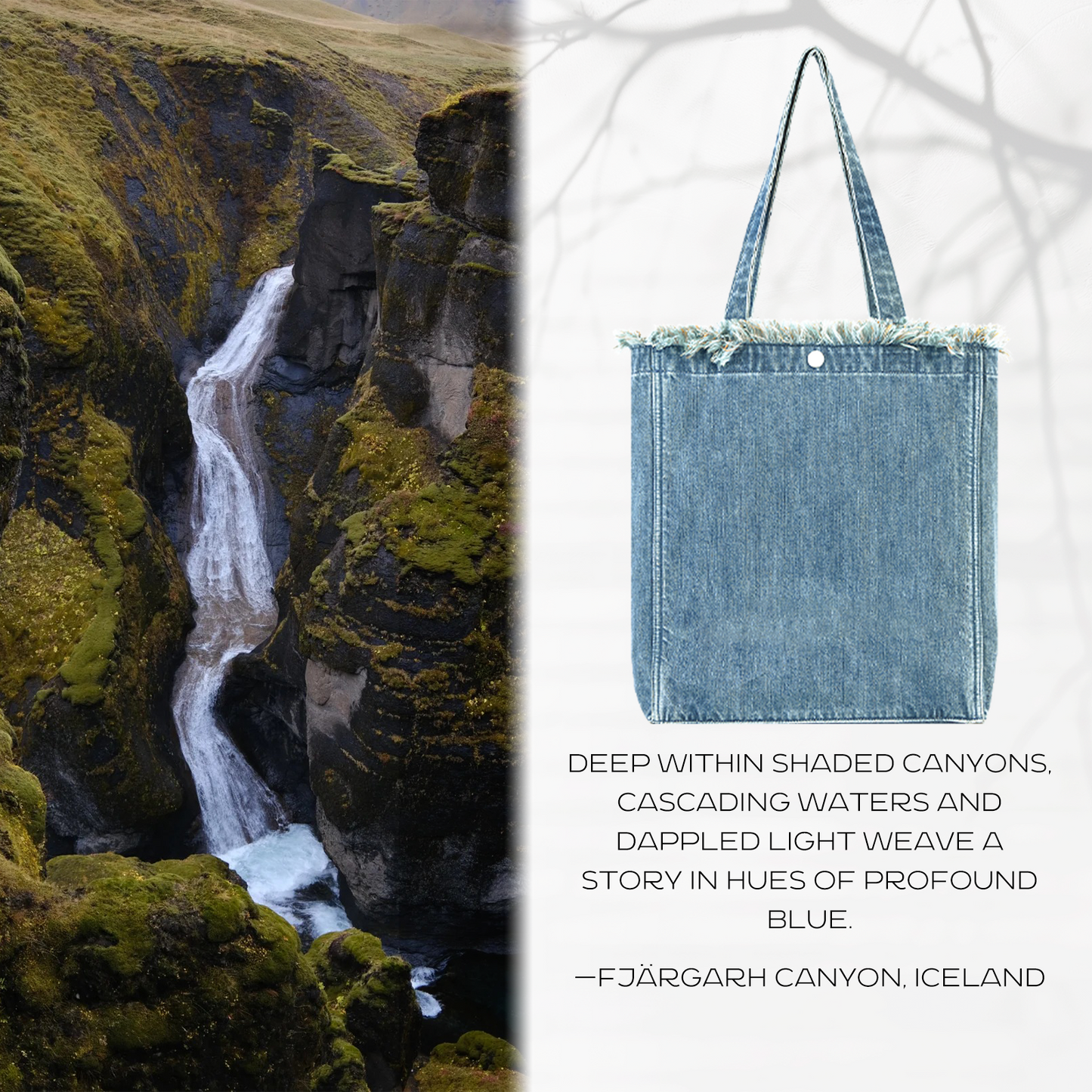 DENIM MUSEUM Forest of Solitude Denim Tote - Dreifache Blautöne, inspiriert von der Mystik der Natur, mit verträumtem Fransendetail