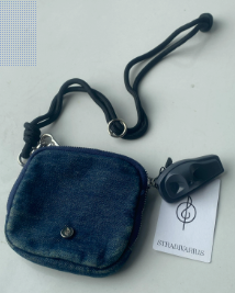 Original Dark Denim Coin Pouch with Metallic Crescent and Chain Keyring - Edgy and Modern Design for Unisex