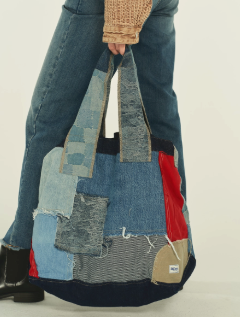 Original Denim Crossbody bag Design with Multi-Patch style and Red and Beige Accents - Eclectic, Casual for Daily Outings, Casual Activities, Shopping, Ideal for Adding Character to Your Look with Practicality for Women