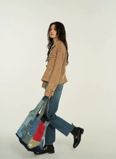 Original Denim Crossbody bag Design with Multi-Patch style and Red and Beige Accents - Eclectic, Casual for Daily Outings, Casual Activities, Shopping, Ideal for Adding Character to Your Look with Practicality for Women