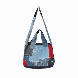 Original Denim Crossbody bag Design with Multi-Patch style and Red and Beige Accents - Eclectic, Casual for Daily Outings, Casual Activities, Shopping, Ideal for Adding Character to Your Look with Practicality for Women
