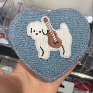 Original Denim Storage Bag Heart Pouch Design with Embroidered Cat Playing Guitar - Playful, Cute for Daily Use, Gifts, Accessories, Ideal for Keeping Small Essentials in a Fun and Adorable Way for Women