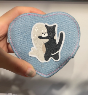 Original Denim Storage Bag Heart Pouch Design with Embroidered Cat Playing Guitar - Playful, Cute for Daily Use, Gifts, Accessories, Ideal for Keeping Small Essentials in a Fun and Adorable Way for Women