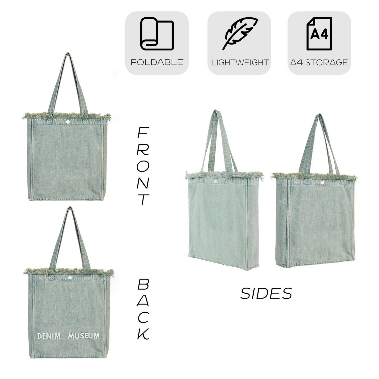 DENIM MUSEUM Forest of Solitude Denim Tote - Dreifache Blautöne, inspiriert von der Mystik der Natur, mit verträumtem Fransendetail