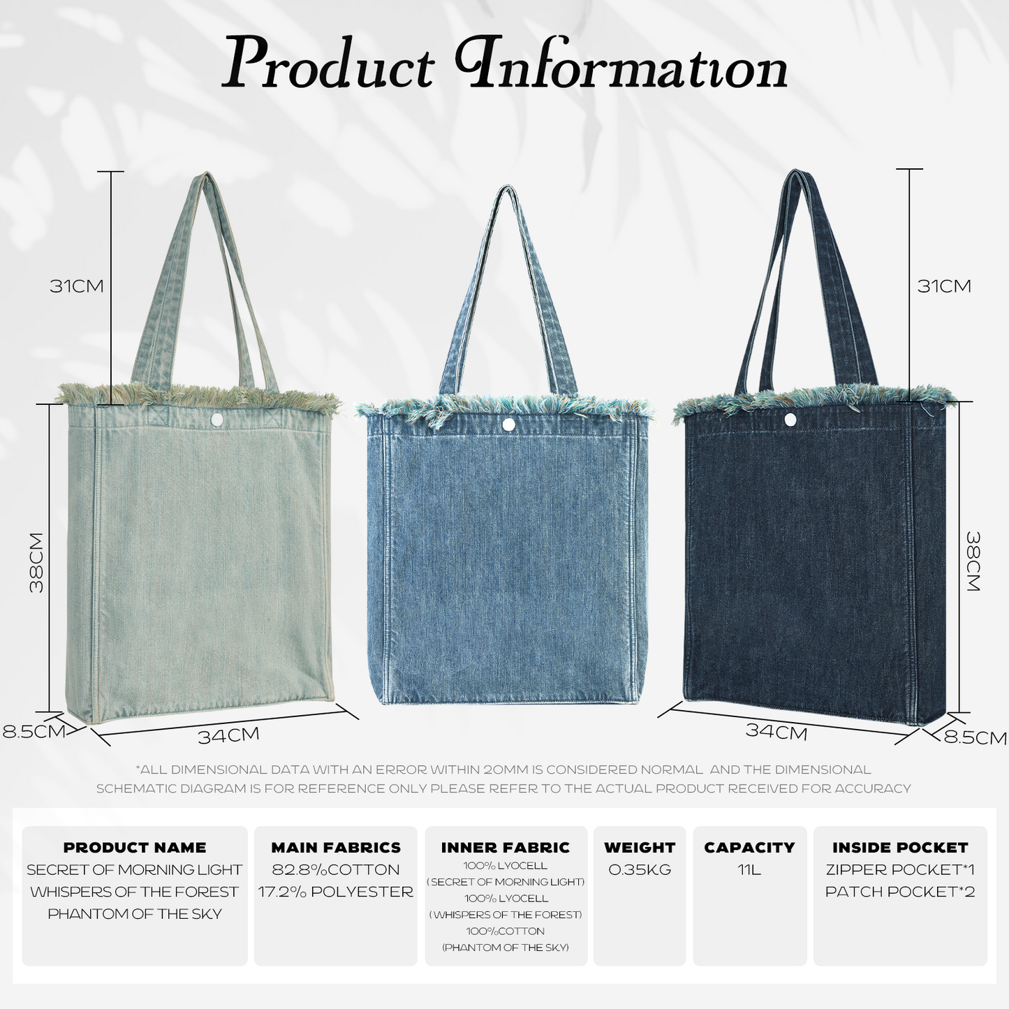 DENIM MUSEUM Forest of Solitude Denim Tote - Dreifache Blautöne, inspiriert von der Mystik der Natur, mit verträumtem Fransendetail