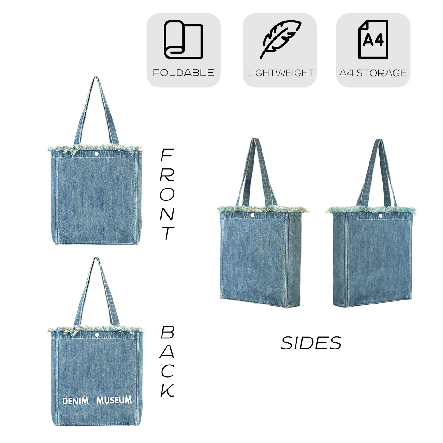 DENIM MUSEUM Forest of Solitude Denim Tote - Dreifache Blautöne, inspiriert von der Mystik der Natur, mit verträumtem Fransendetail
