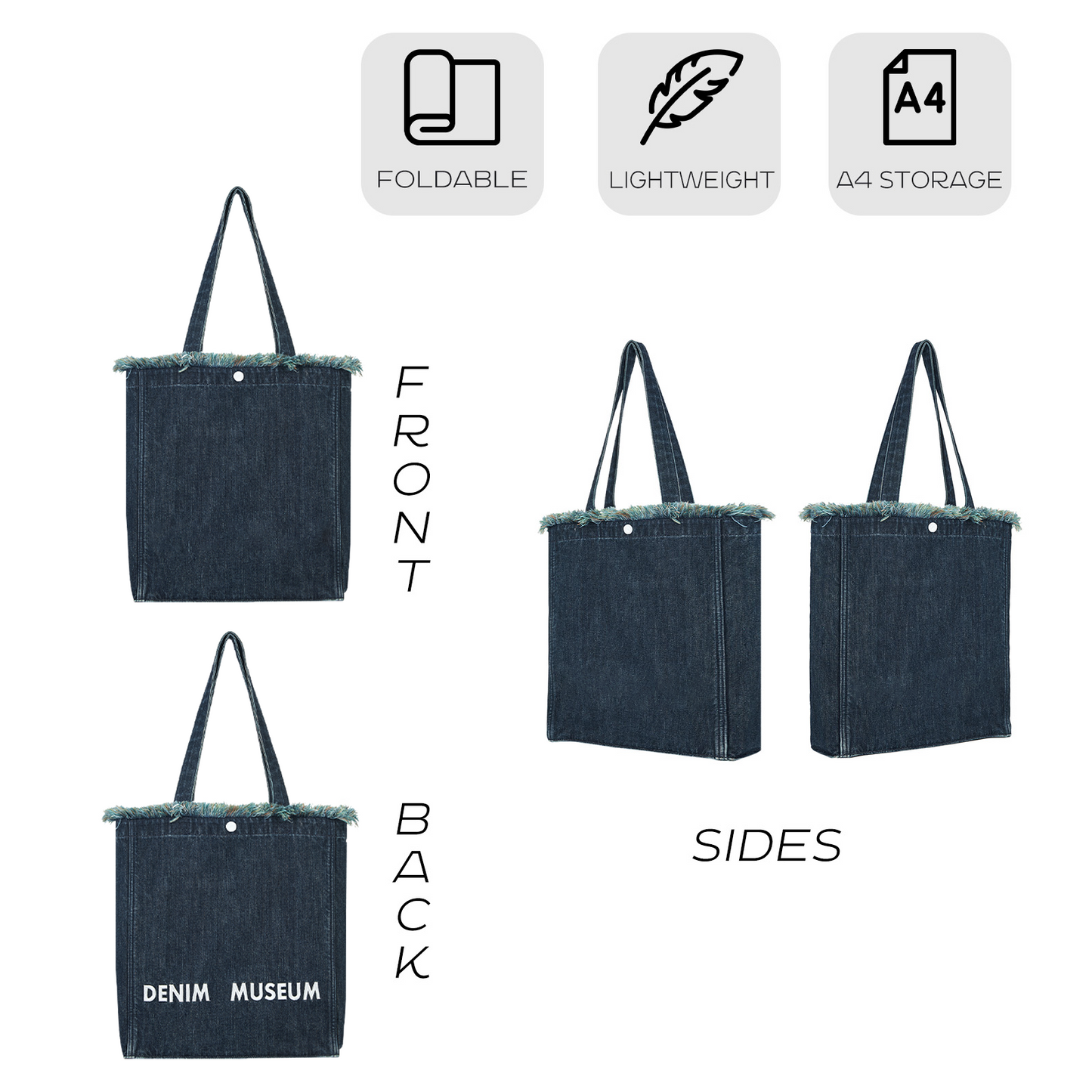 DENIM MUSEUM Forest of Solitude Denim Tote - Dreifache Blautöne, inspiriert von der Mystik der Natur, mit verträumtem Fransendetail