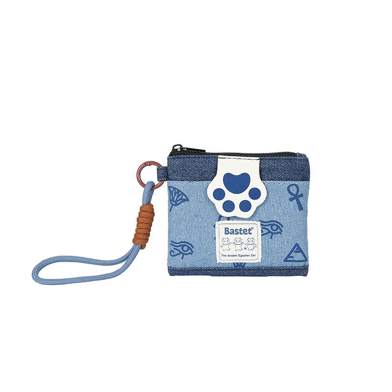 Original Denim Cat Paw Coin Purse Design with Cat Paw Patch and Egyptian-Inspired Prints - Cute, Playful for Everyday Use, Casual Outings, Gifting, Ideal for Keeping Small Essentials Organized with a Touch of Feline Charm for Unisex