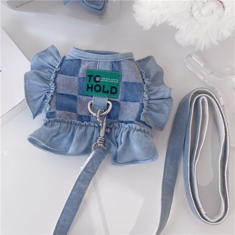 Original Denim Dog Harness with Ruffle Details - Cute and Playful Design, Ideal for Daily Walks and Casual Outings for Pets