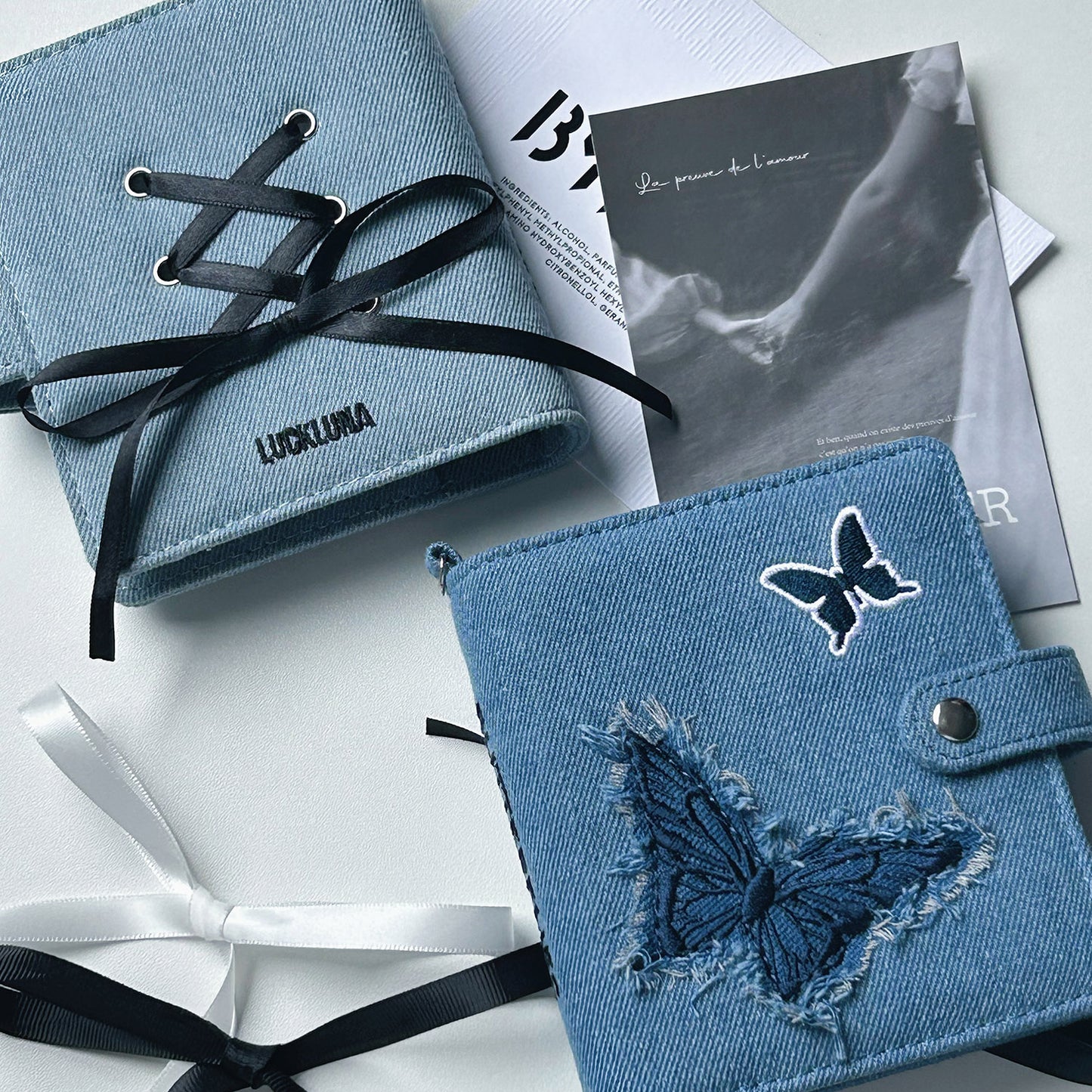 Original Denim Card Holder Storage with Butterfly Applique - Artistic and Unique Design, Ideal for Journaling and Gifting for Women