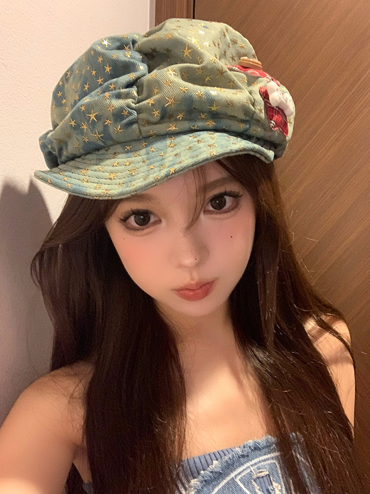 Trendy Starry Denim Beret Cap with Cute Bear Patch - Fashionable and Playful Design for Young Women