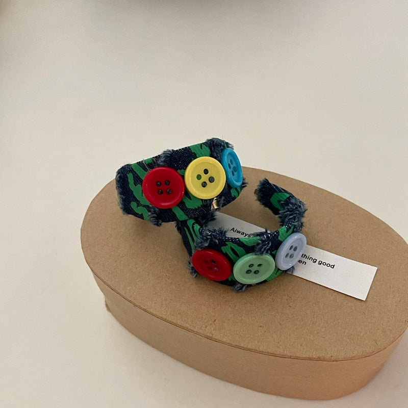 Original Denim Stud Earrings with Colorful Buttons - Playful and Trendy Design, Ideal for Daily Wear and Casual Outings for Women