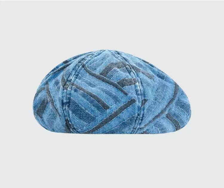 Trendy Abstract Pattern Denim Beret on Soft, Faded Denim - Artistic, Stylish Design, Lightweight and Versatile for Casual Wear, Street Style, and Fashion-Forward Looks for Unisex