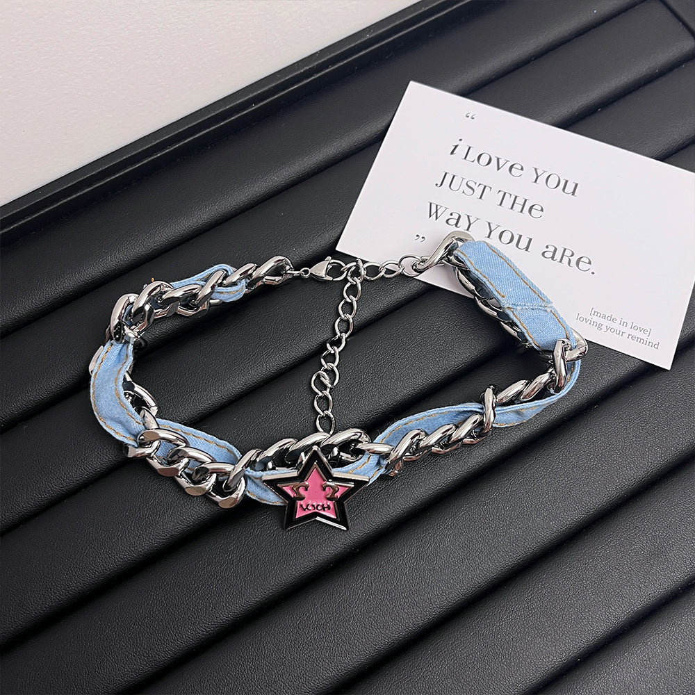 Original Denim Star Necklace and Bracelet Set Design with Silver Chain and Pink Star Charms - Trendy, Edgy for Casual Wear, Street Style, Fashion Accessories, Ideal for Adding a Bold and Stylish Touch to Your Outfit for Women