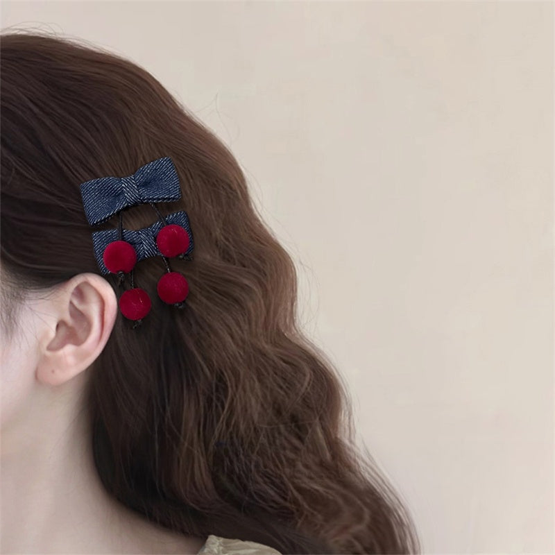 Original Denim Hair Clip with Blue Denim Bow and Cherry Embellishments - Cute, Playful Design, Lightweight, Decorative, Secure Hold for Daily Wear, Parties, and Casual Outings for Women