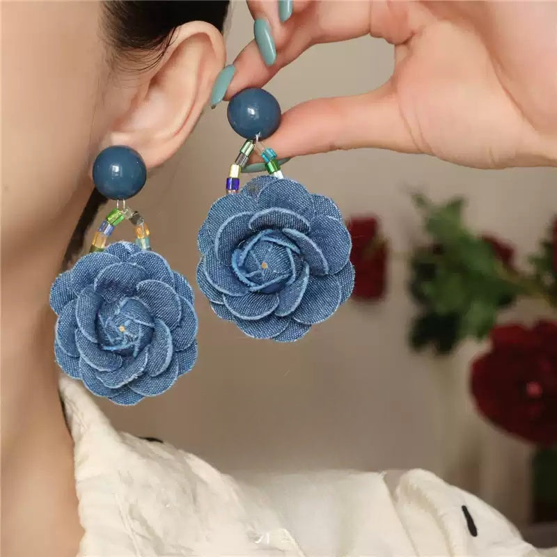 Original Denim Rose Earrings Design with Blue Denim Floral Design and Beaded Accents - Elegant, Artistic for Special Occasions, Casual Chic, Artistic Fashion, Ideal for Adding a Unique and Stylish Floral Touch to Any Look for Women