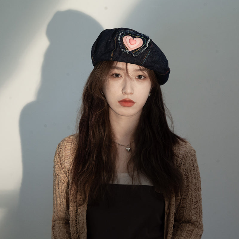 Trendy Blue Denim Beret with Distressed Heart Patch - Vintage, Chic Design, Lightweight and Stylish for Casual Outings, Chic Events, and Daily Wear for Women