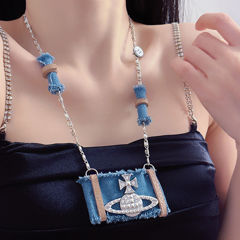 Trendy Denim Pendant Necklace with Crystal Planet Design - Modern, Playful, and Elegant, Perfect for Everyday Wear and Casual Outings for Women