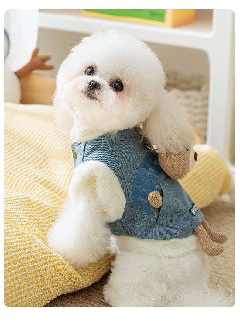 Trendy Denim Pet Vest with Soft Denim and Plush Bear Toy Accent - Cute, Cozy, Playful Design, Provides Warmth and Adds a Touch of Cuteness for Daily Wear and Photo Shoots for Pets