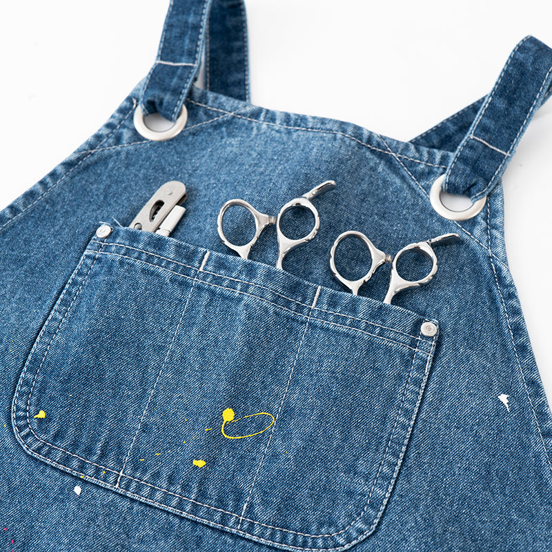 Original Denim Apron Design with Multiple Front Pockets and Colorful Paint Splatters - Practical, Creative for Crafting, Cooking, DIY Projects, Ideal for Protecting Clothes While Adding Style and Function for Unisex