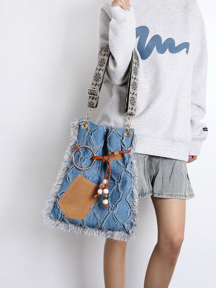 Original Denim Shoulder Bag Fringe Backpack Style with Tan Faux Suede Fringe Details - Bohemian, Vintage, Eclectic for Casual Outings, Festivals, Travel, Ideal for Spacious and Unique Style for Women