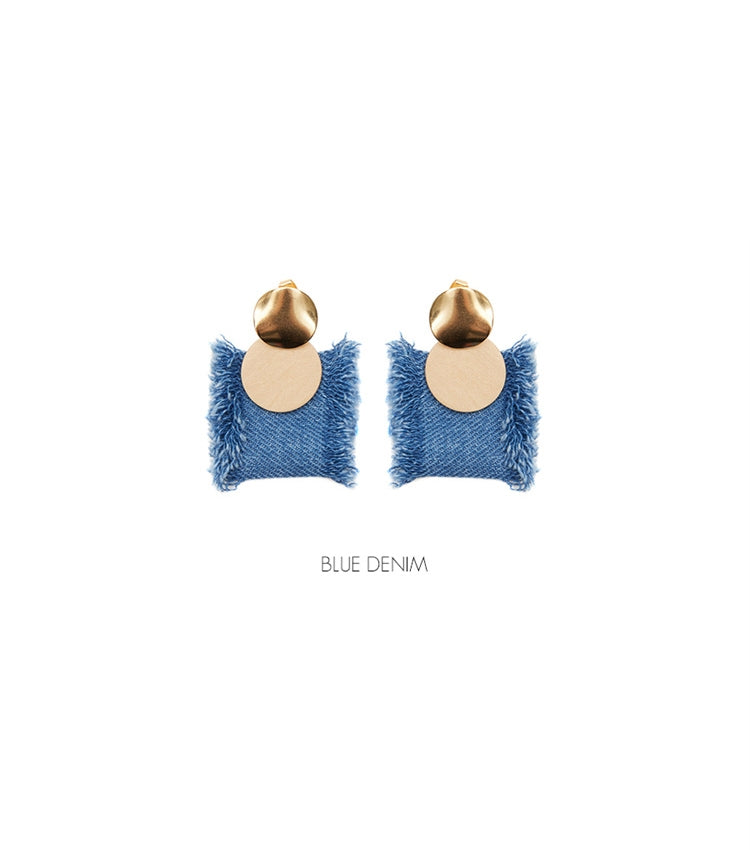 Original Denim and Gold Earrings with Frayed Edges and Leather Circle Design - Elegant, Trendy, and Sophisticated, Casual and Special Occasions for Women