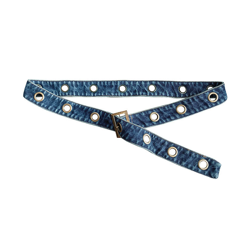 Original Denim Eyelet Belt with Brass Buckle - Trendy and Casual Design, Ideal for Daily Wear and Streetwear for Women