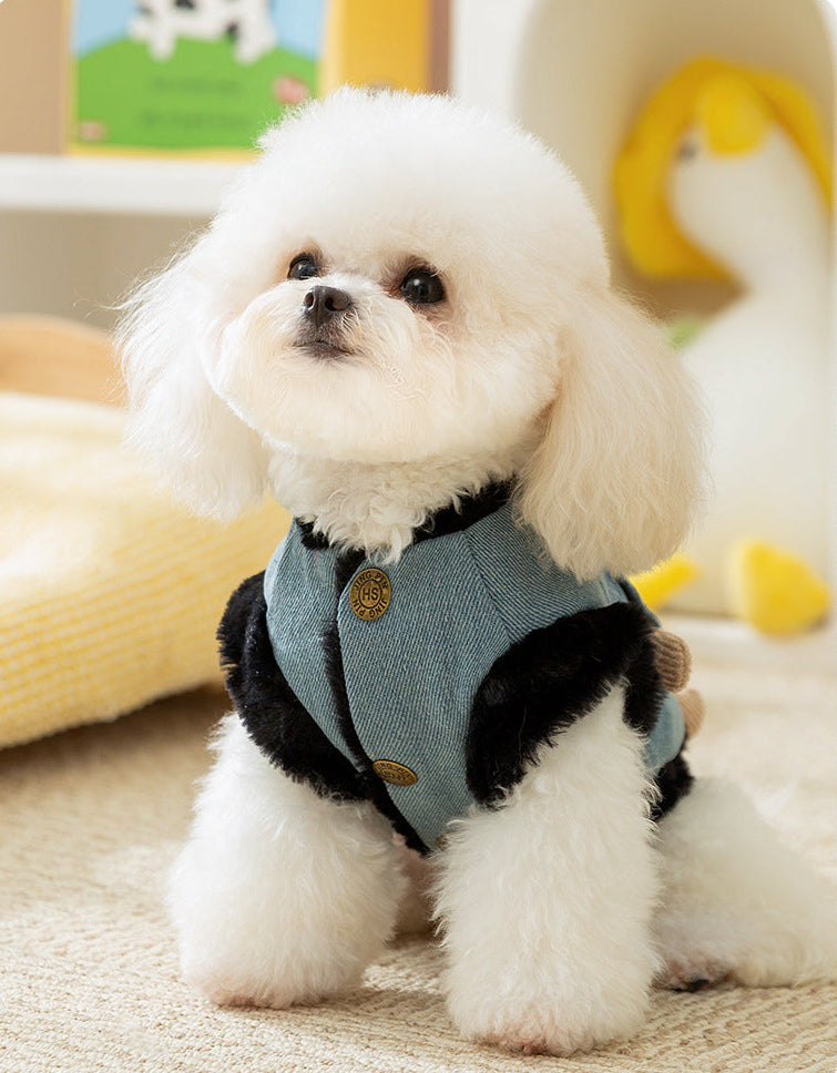 Trendy Denim Pet Vest with Soft Denim and Plush Bear Toy Accent - Cute, Cozy, Playful Design, Provides Warmth and Adds a Touch of Cuteness for Daily Wear and Photo Shoots for Pets