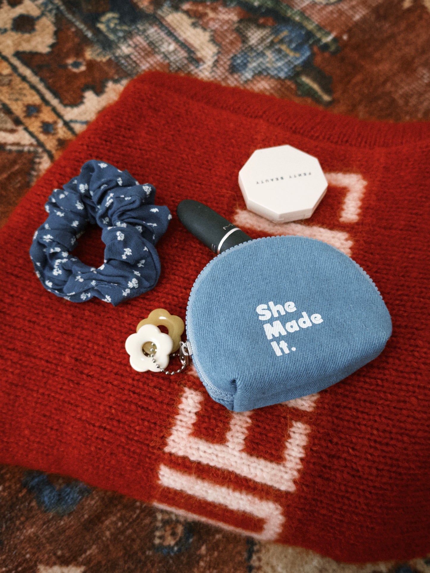 Original Denim Storage Pouch with Light Blue Denim, Embroidered Text, and Flower Keychain Charm - Minimalist, Cute, Functional Style, Ideal for Storing Daily Essentials and Accessories for Women