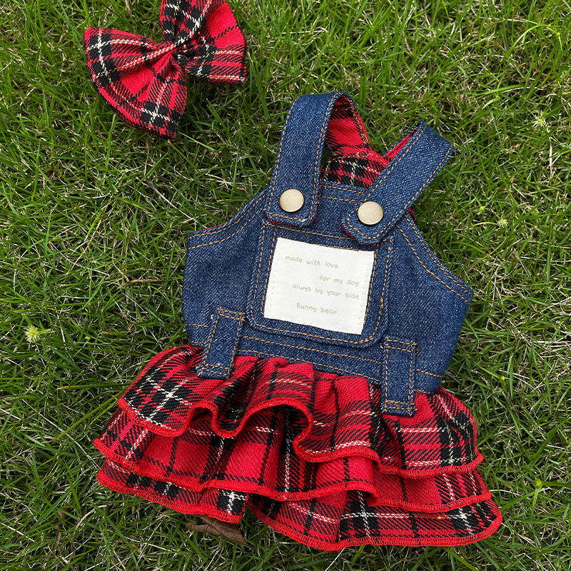 Original Denim Dog Dress Design with Blue Denim and Red Plaid Ruffled Skirt - Cute, Fashionable for Daily Wear, Outings, Special Occasions, Ideal for Keeping Your Pet Stylish and Comfortable for Pets