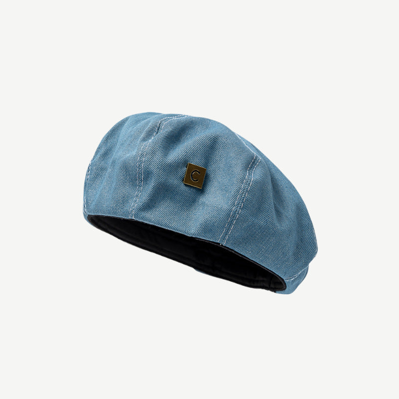 Trendy Denim Beret with Subtle Logo Patch - Casual, Simple Design, Lightweight and Comfortable for Casual Wear, Everyday Styling, and Outdoor Activities for Women