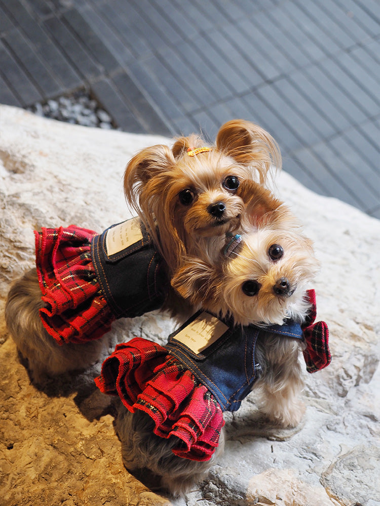Original Denim Dog Dress Design with Blue Denim and Red Plaid Ruffled Skirt - Cute, Fashionable for Daily Wear, Outings, Special Occasions, Ideal for Keeping Your Pet Stylish and Comfortable for Pets