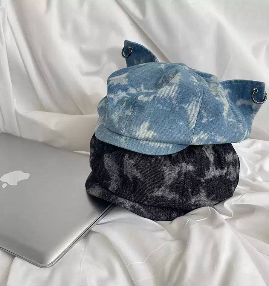 Trendy Cat Ear Denim Beret Hat - Edgy, Playful Design with Metal Rings, Durable and Stylish Statement Accessory for Street Style and Casual Outings for Women