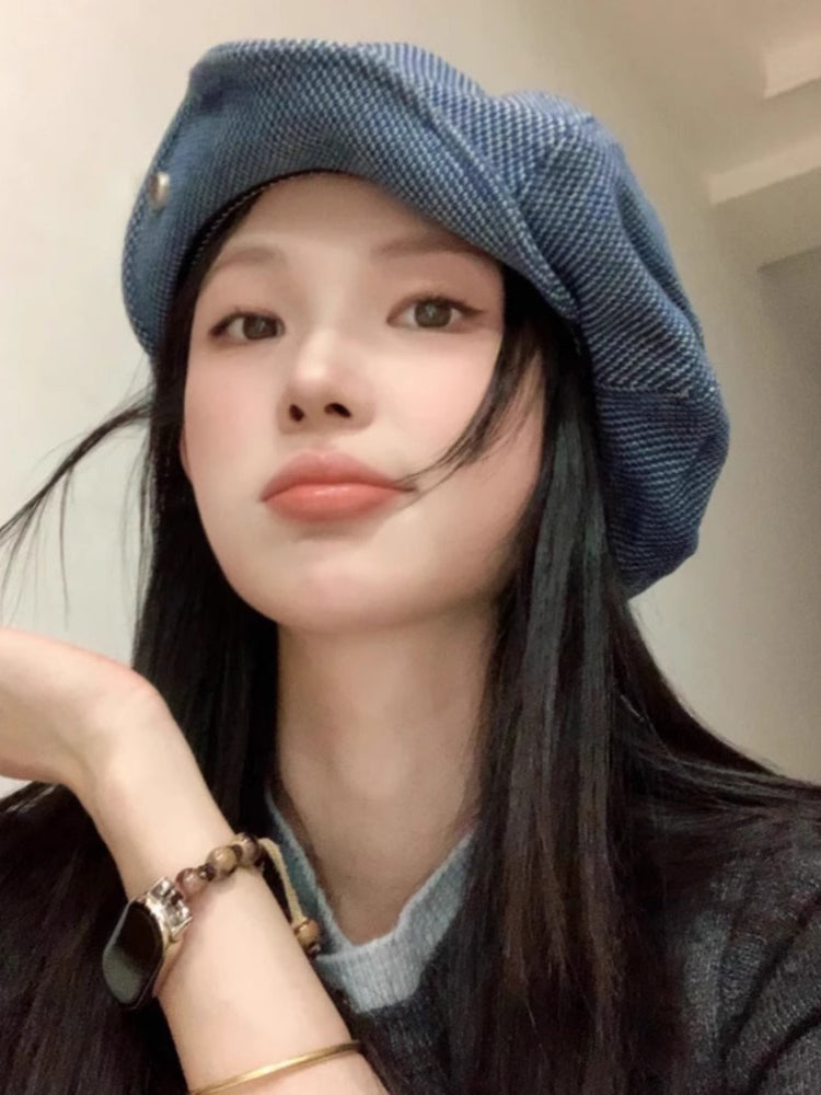 Trendy Denim Beret Hat with Button Accents - Vintage-Inspired Style for Casual Outings and Everyday Wear for Women