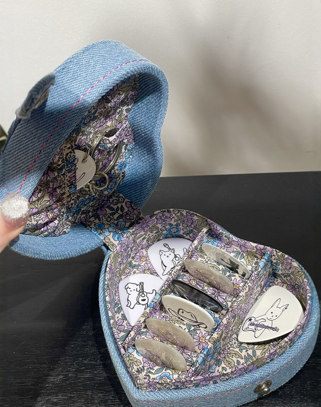 Original Denim Storage Bag Heart Pouch Design with Embroidered Cat Playing Guitar - Playful, Cute for Daily Use, Gifts, Accessories, Ideal for Keeping Small Essentials in a Fun and Adorable Way for Women
