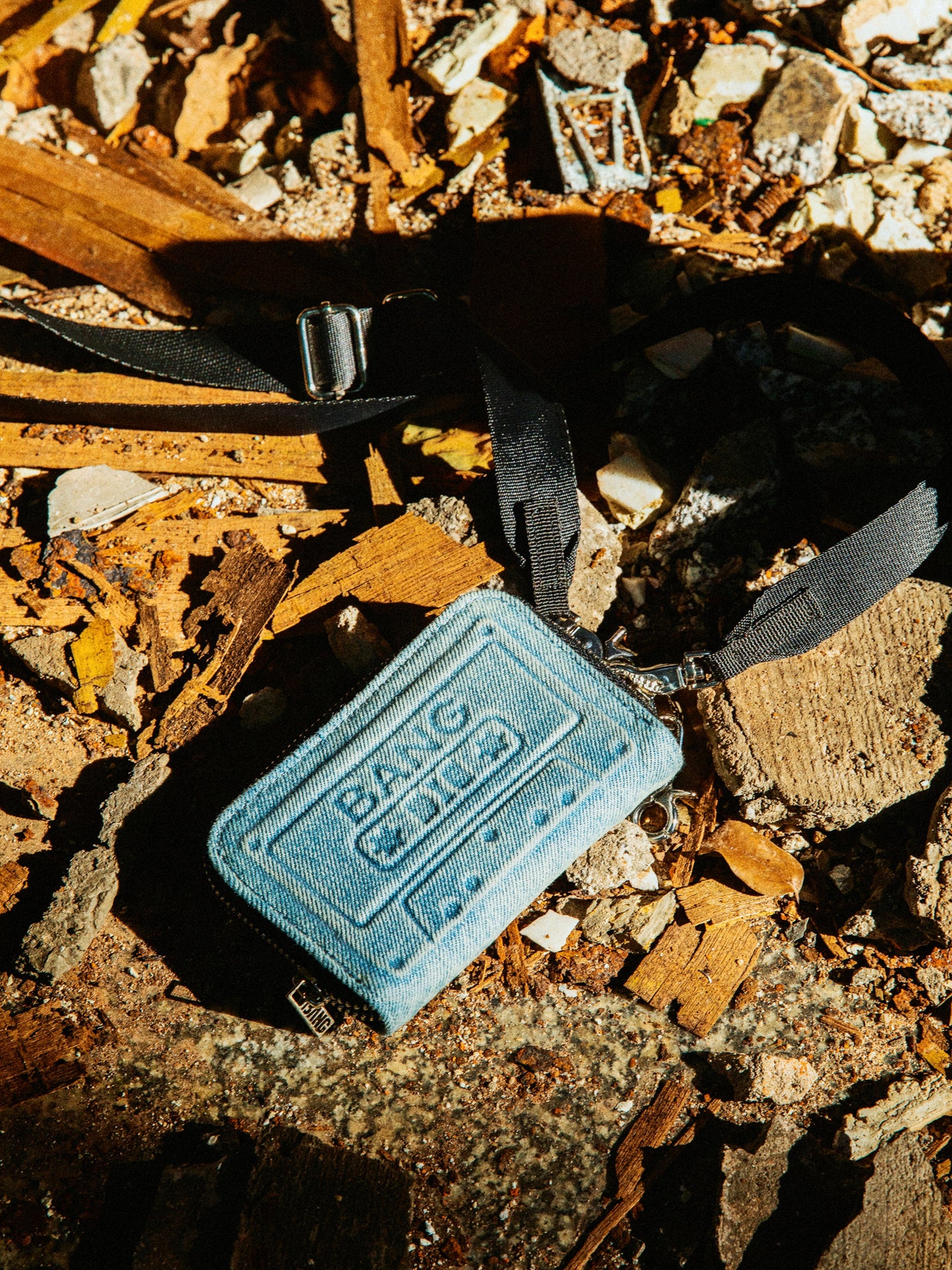 Original Wallet Pouch with Blue Denim and Embossed "BANG" Branding - Edgy, Urban, Modern Style, Compact, Durable, Stylish for Streetwear and Everyday Use for Men