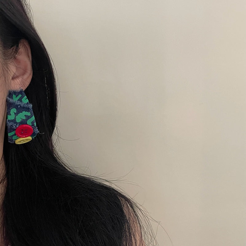 Original Denim Stud Earrings with Colorful Buttons - Playful and Trendy Design, Ideal for Daily Wear and Casual Outings for Women