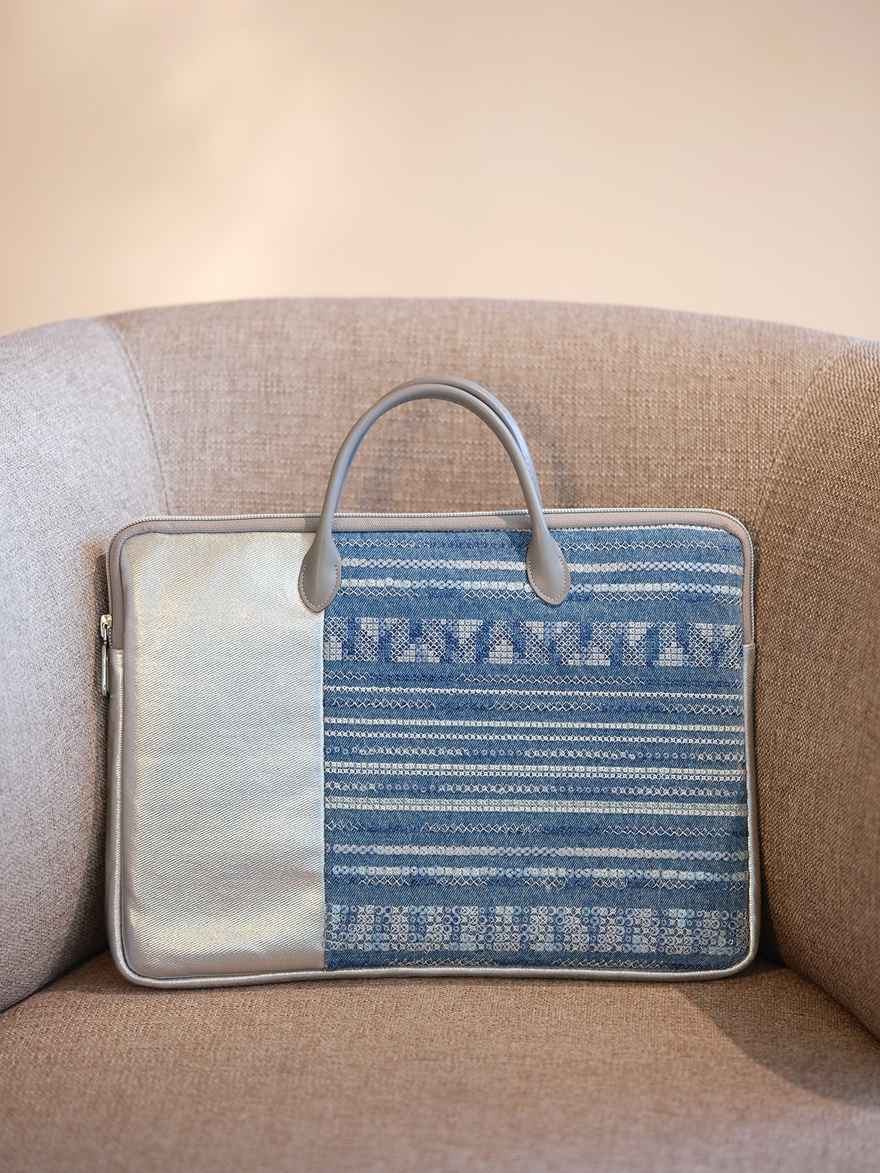 Denim fabric laminated with PU Original and Leather Laptop Bag Design with Silver Leather Accents and Textured Design - Stylish, Modern for Work, Travel, Daily Use, Ideal for Carrying Your Essentials in a Sleek and Trendy Way for Unisex
