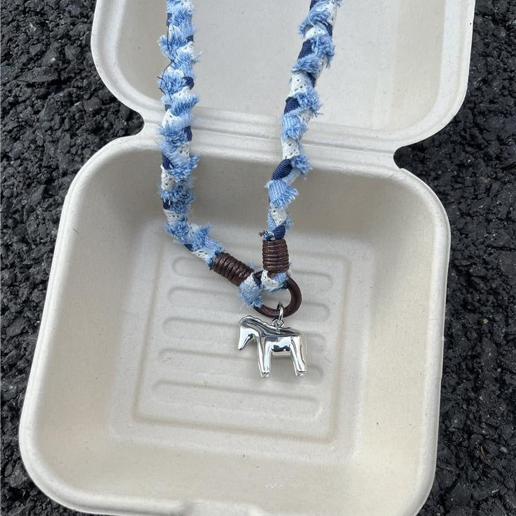 Original Denim Necklace with Braided Denim Cord and Metallic Horse Charm - Rustic, Bohemian Design Lightweight, Adjustable, Durable for Casual Wear, Festival Fashion, and Layered Accessorizing for Unisex