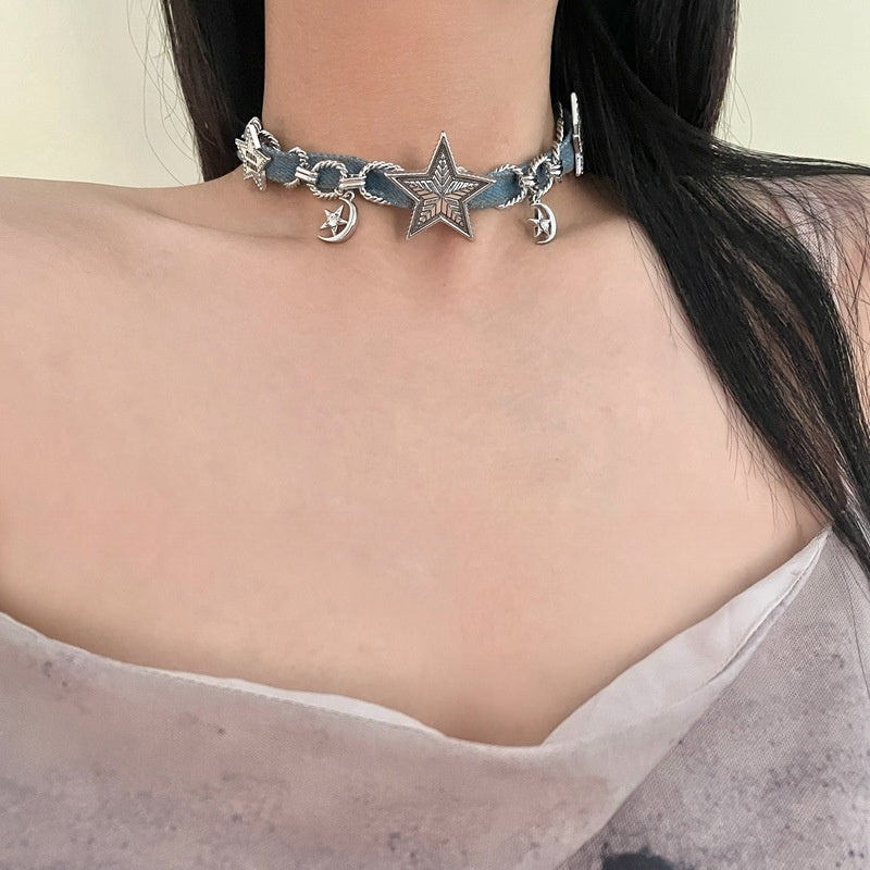 Original Denim and Silver Chain Necklace with Playful Charms - Trendy, Playful Design, Ideal for Casual Outings and Parties for Women