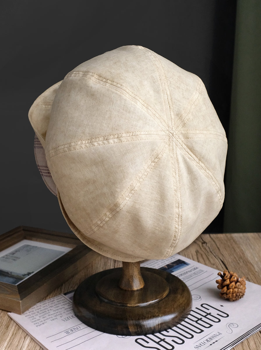 Original Gray Beret Cap with Plaid Lining and Vintage Button Design - Retro Style and Comfort for Casual Outings and Outdoor Activities for Women