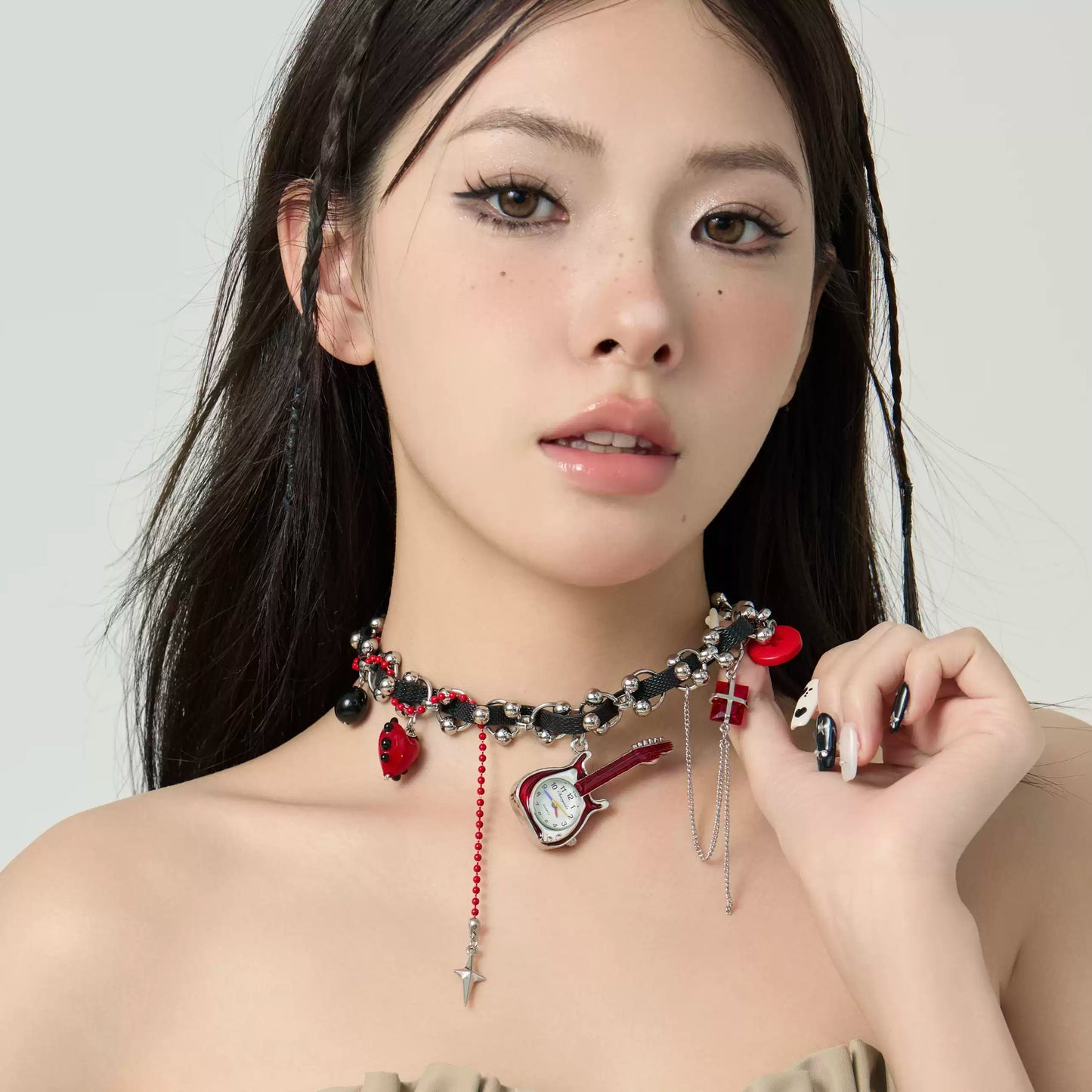 Original Red Button Guitar Charm Necklace- A Playful and Artistic Styled Statement Piece for Women