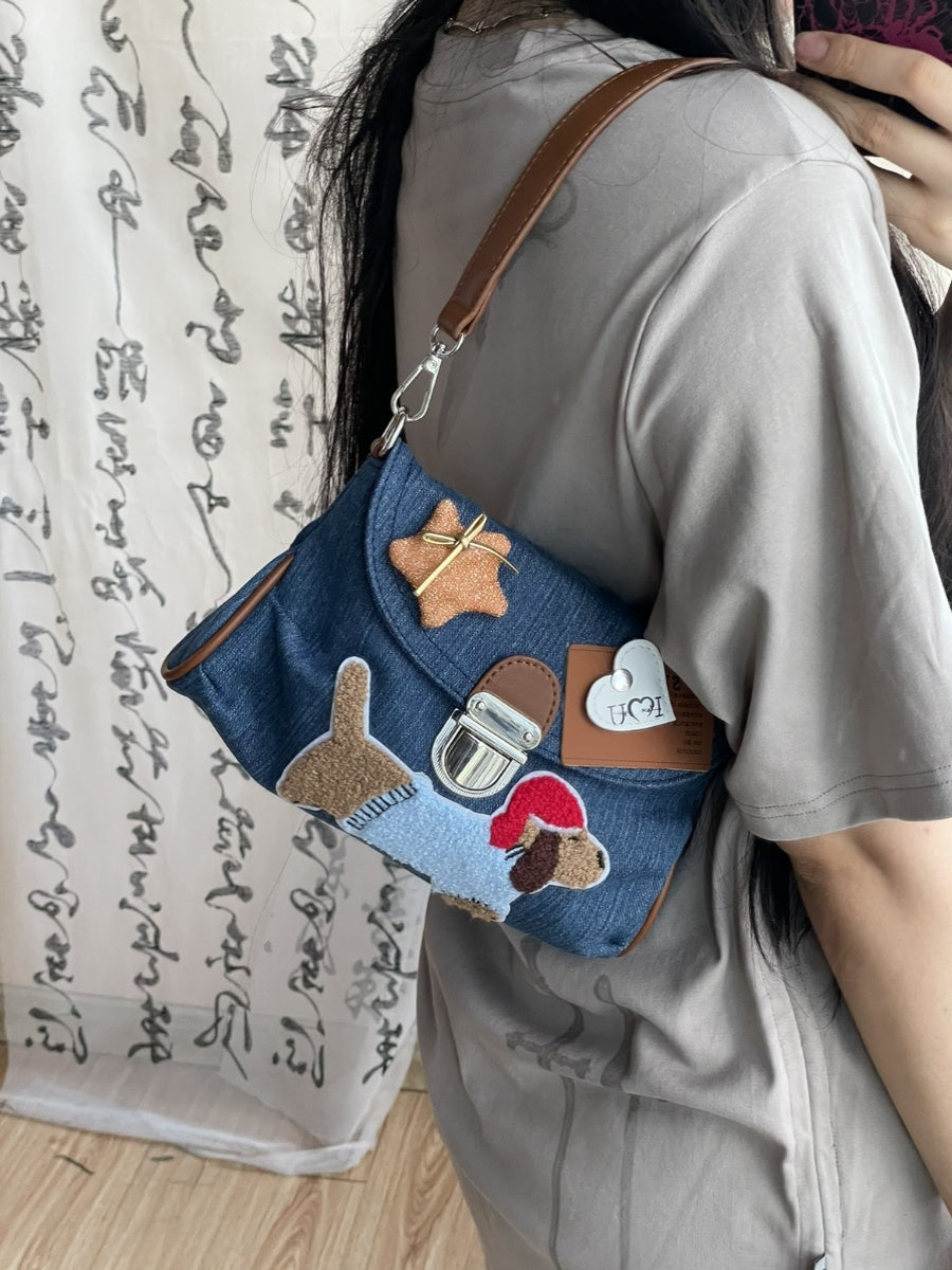 Original Denim Hand Bag with Dog Applique - Playful and Cute Design, Perfect for Daily Outings and Casual Activities for Women