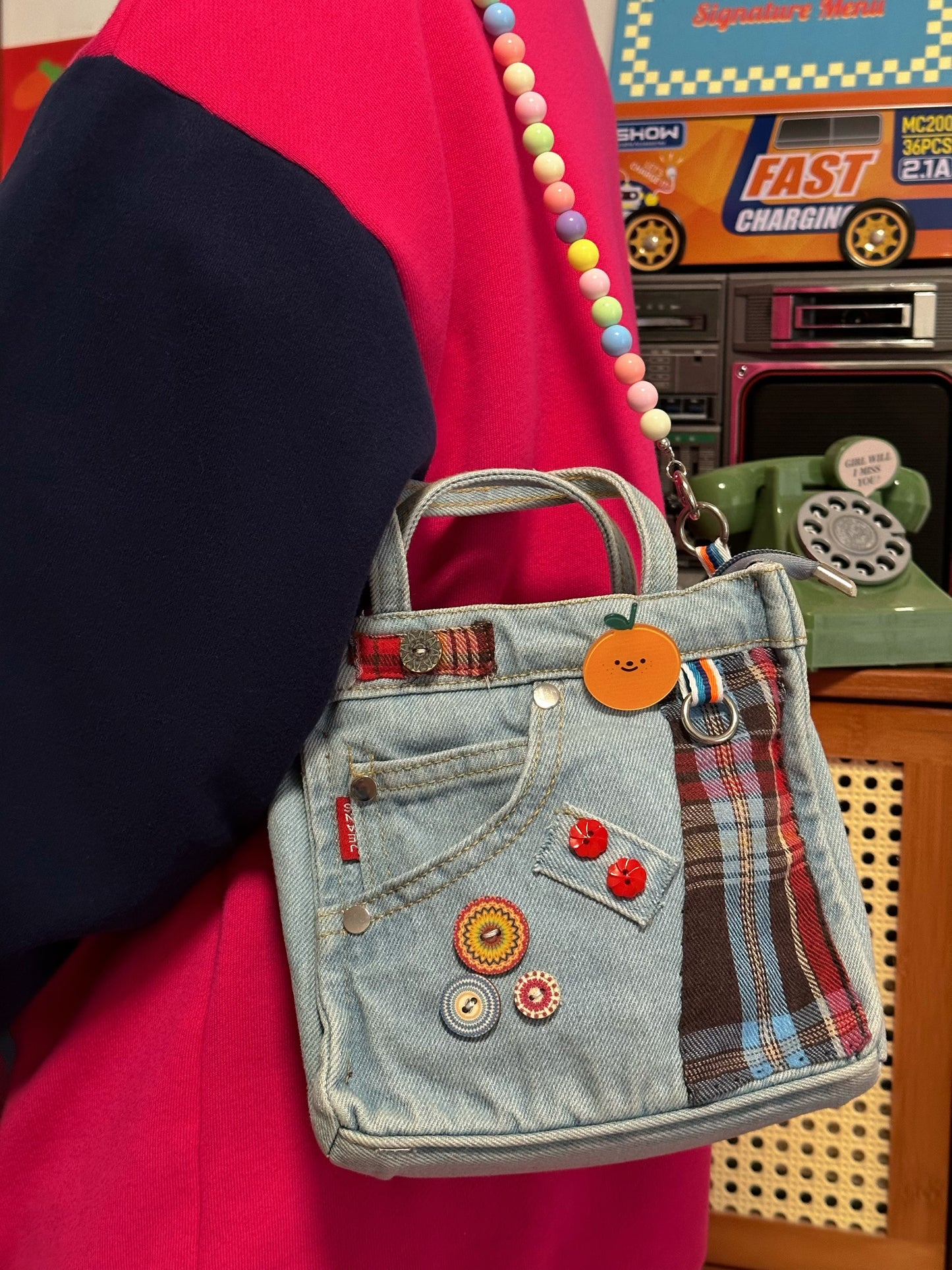 Beg Denim Patchwork Retro dengan Tali Manik Berwarna-warni