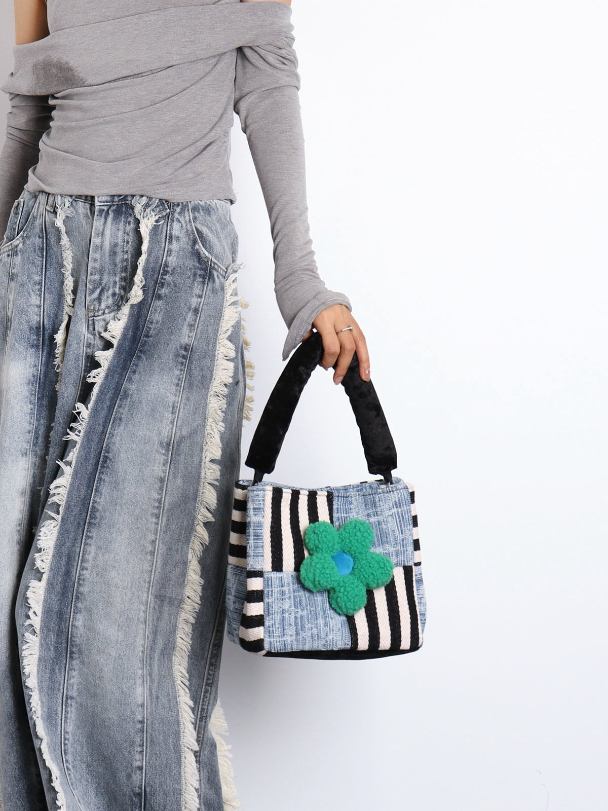 Original Denim Patchwork Handbag Design with Mixed Denim and Striped Fabric - Artistic, Eclectic for Casual Outings, Creative Styling, Statement Accessory, Ideal for Adding a Bold and Unique Touch to Any Outfit for Women